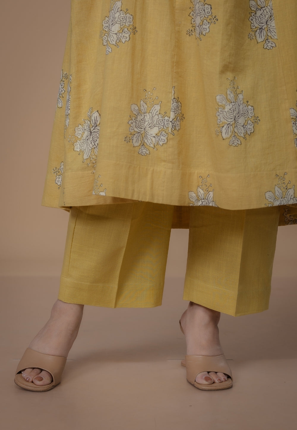 Sakhi Yellow Dabu Slub Cotton Kali Kurta Set (Set Of 2)