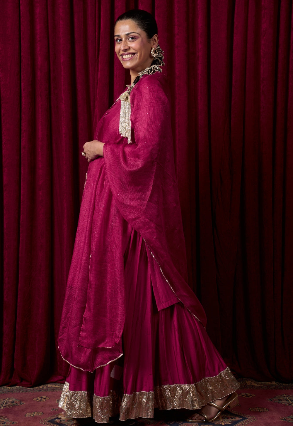 Avisha Pink Solid Chanderi Straight Kurta with Hand Embroidery