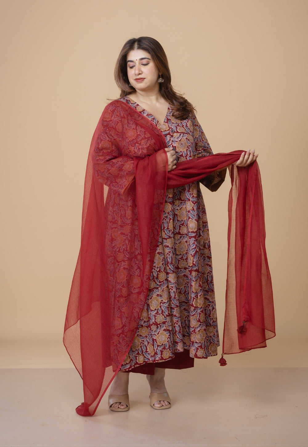 Sifra Red Kalamkari Cotton Kali Kurta