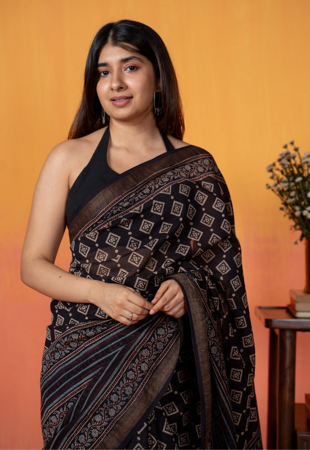Black Aztec Ajrakh Hand Block Print Maheshwari Saree