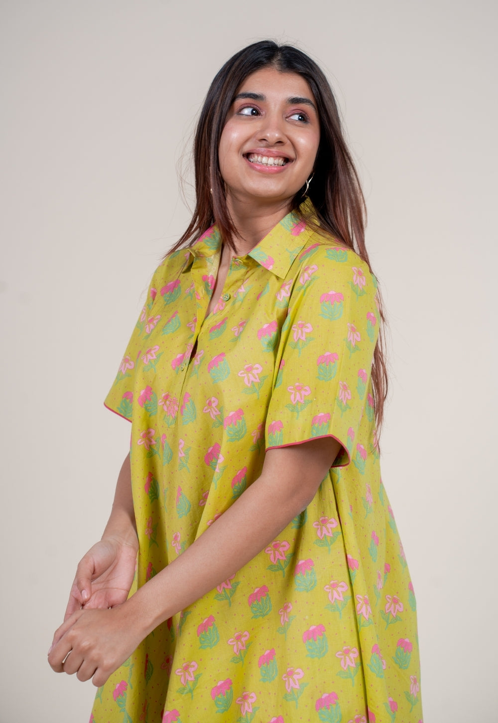 Srisha Lime Green Printed Cotton A Line Dress