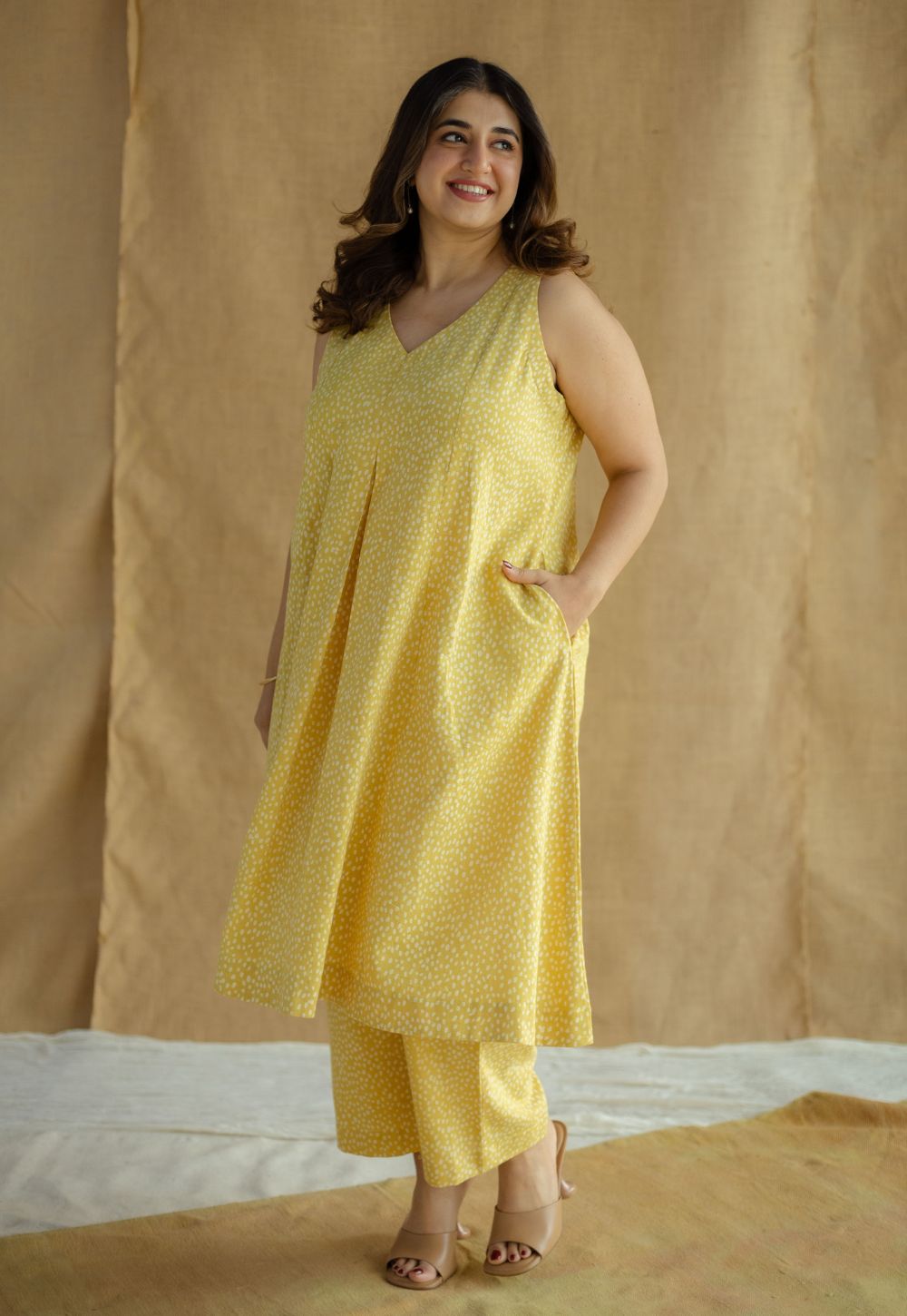 Aziza Mustard Hand Block Print Slub Cotton A Line Co-Ord Set