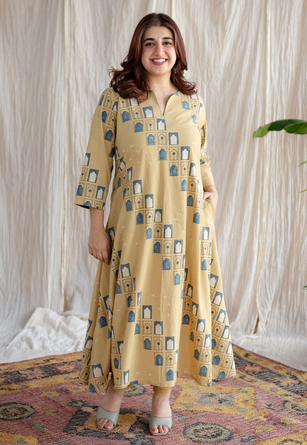 Jaipur Jharoka Ajrakh Cotton Hand Embroidered Kali Kurta