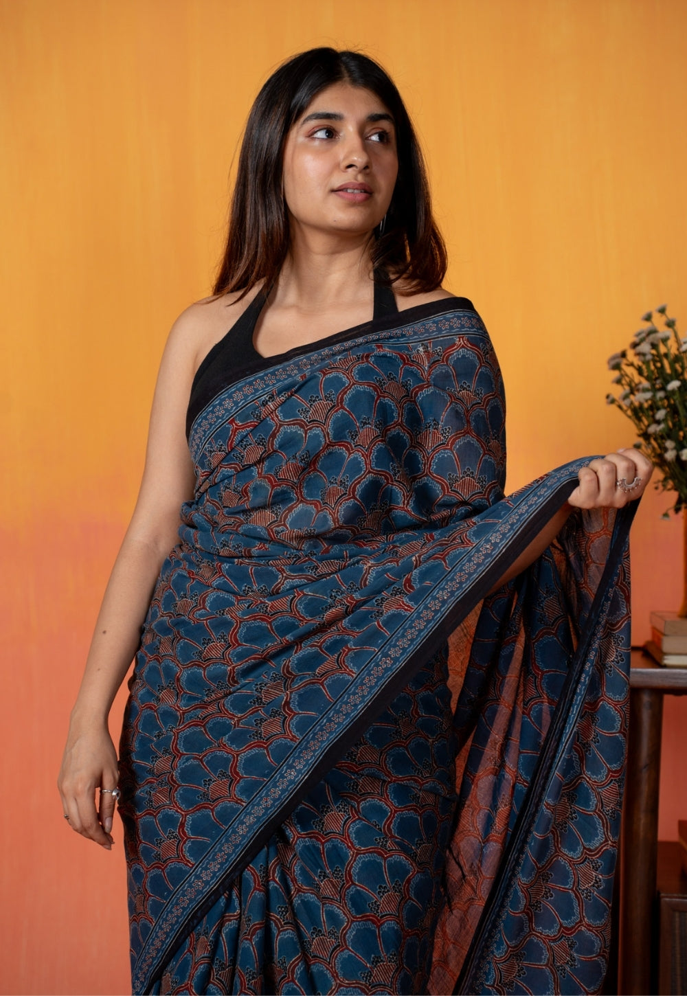 Blue Floral Jaal Ajrakh Hand Block Print Mul Saree