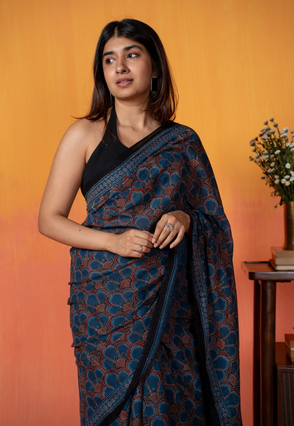 Blue Floral Jaal Ajrakh Hand Block Print Mul Saree