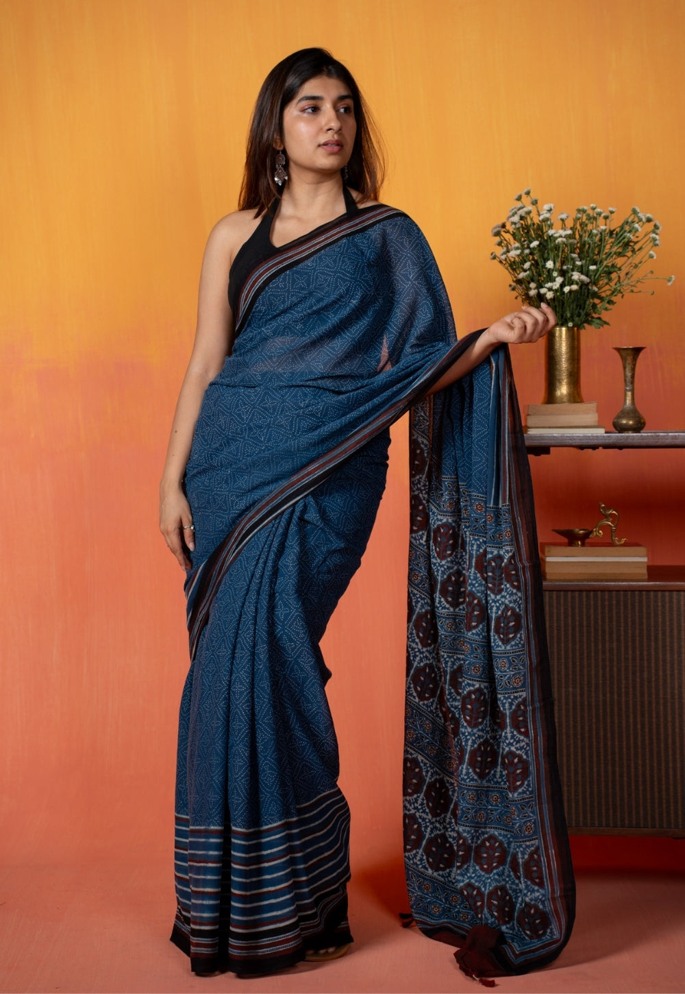 Blue Floral Ajrakh Hand Block Print Mul Saree