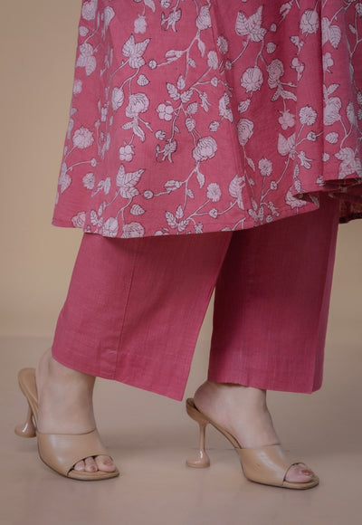 Yashi Pink Solid Slub Cotton Straight Pant
