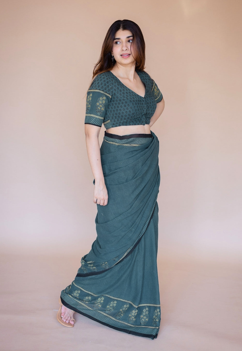 Green Floral Ajrakh Hand Block Print Mul Saree