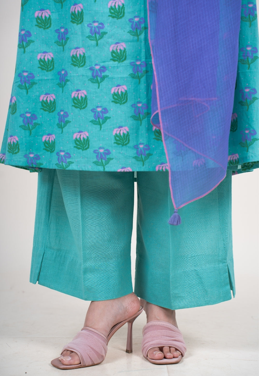 Yashi Teal Blue Solid Cotton Flex Straight Pant