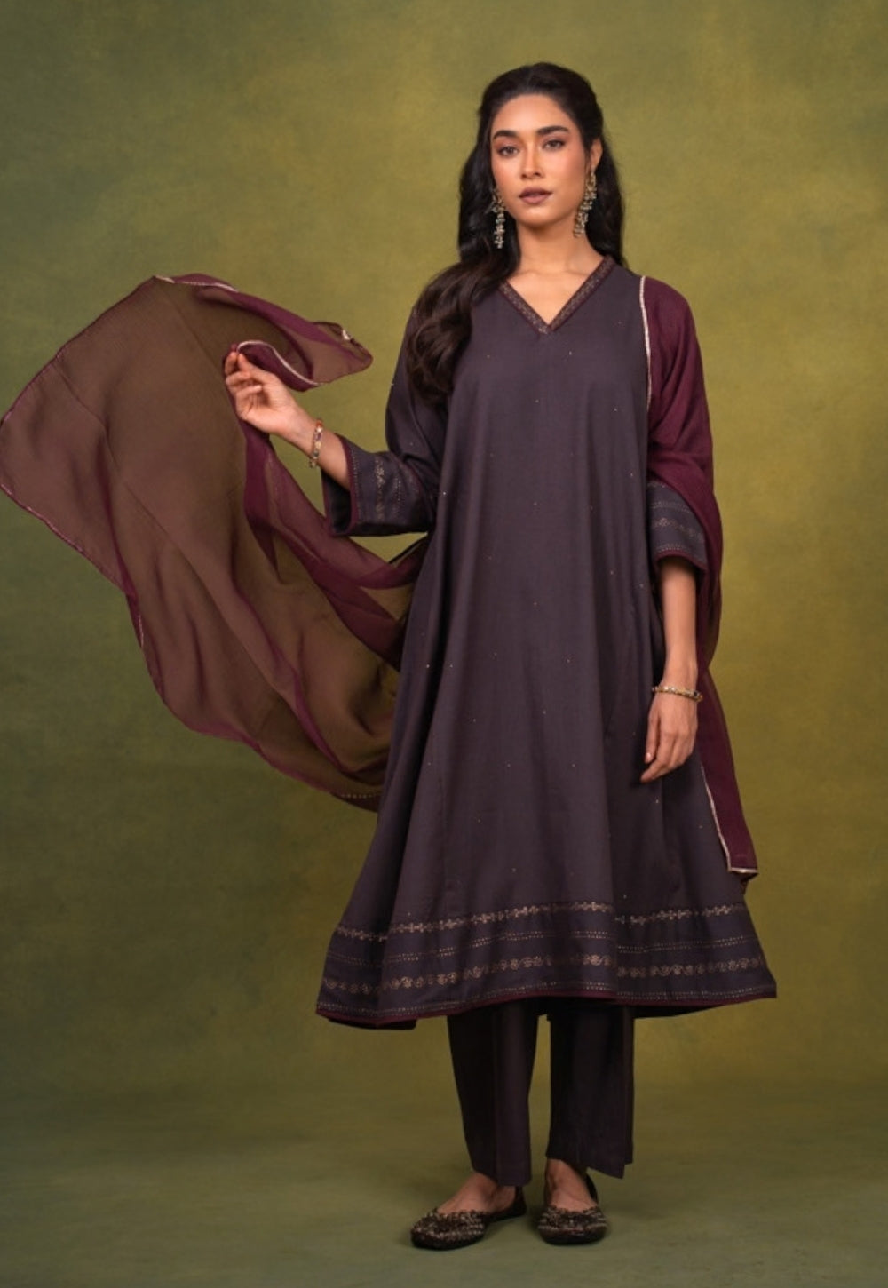 Zohra Aubergine Rogan Handblock Printed Cotton Jhabbha Kali Kurta Suit Set (Set of 3)