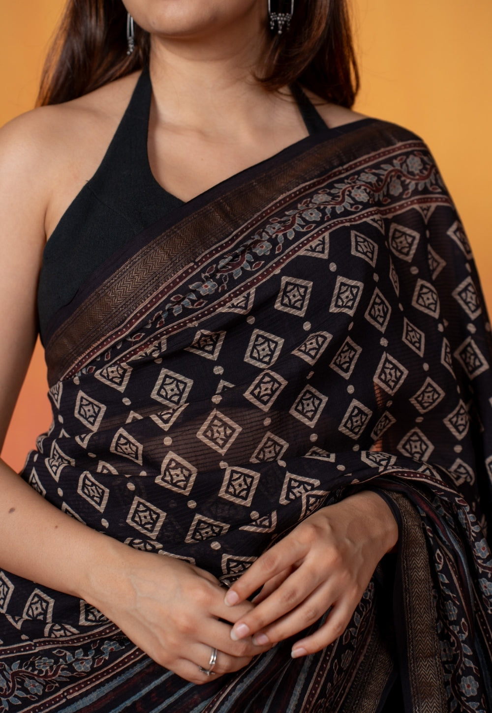Black Aztec Ajrakh Hand Block Print Maheshwari Saree