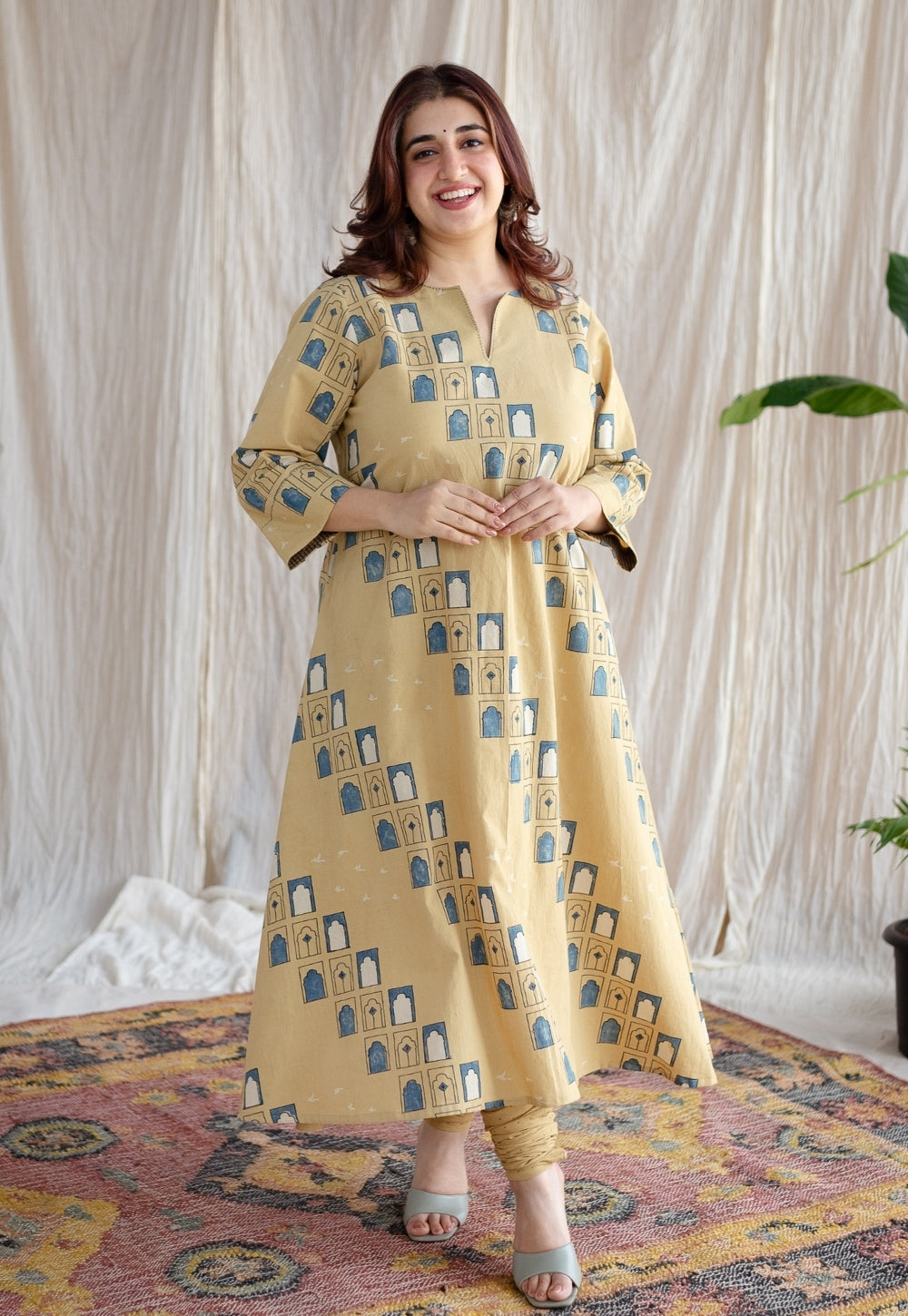 Jaipur Jharoka Ajrakh Cotton Hand Embroidered Kali Kurta