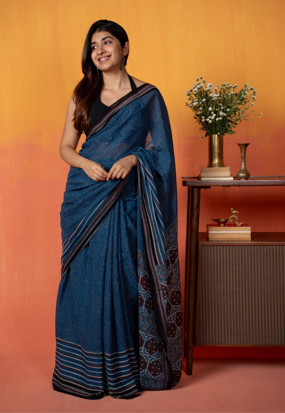 Blue Floral Ajrakh Hand Block Print Mul Saree