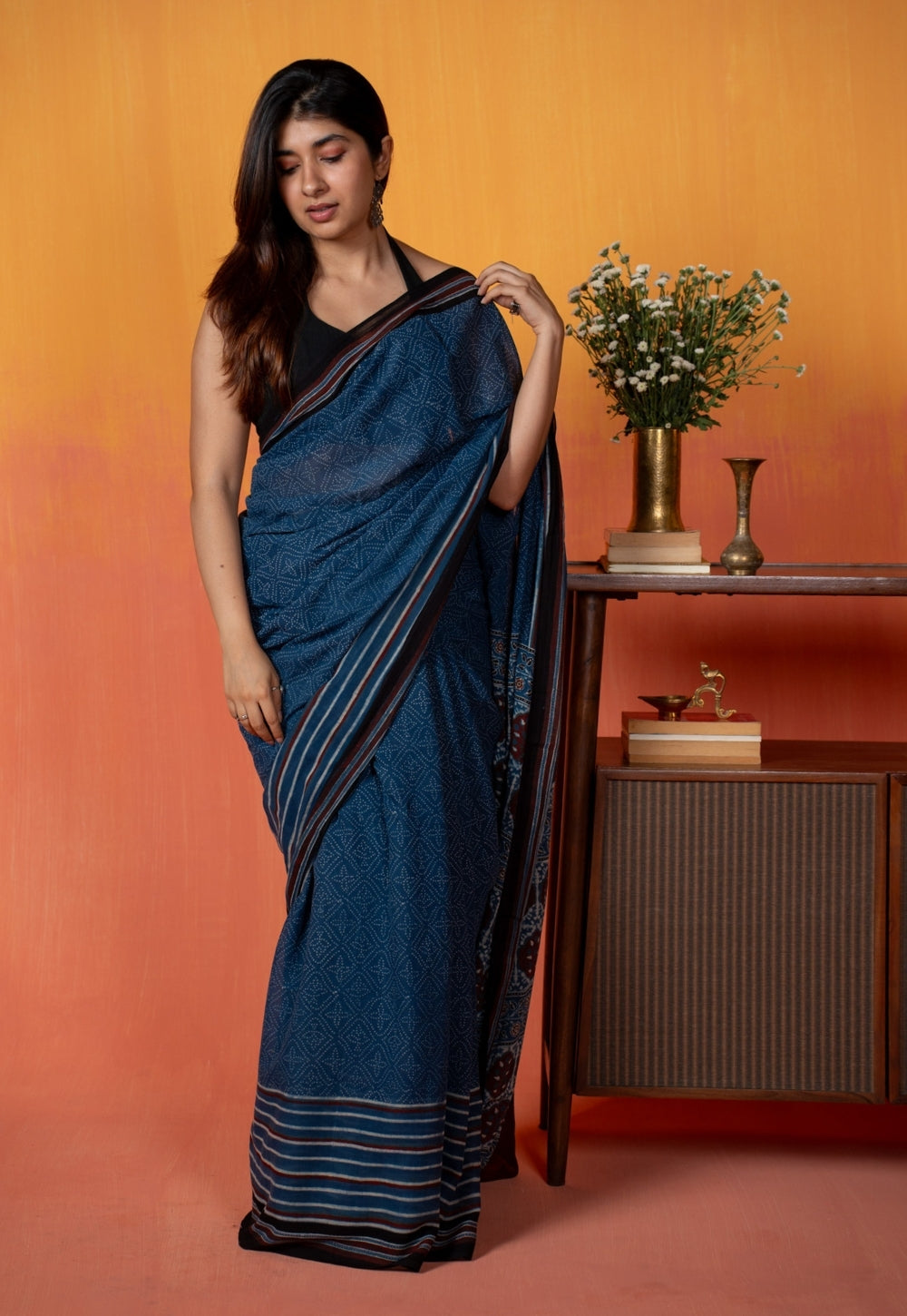 Blue Floral Ajrakh Hand Block Print Mul Saree