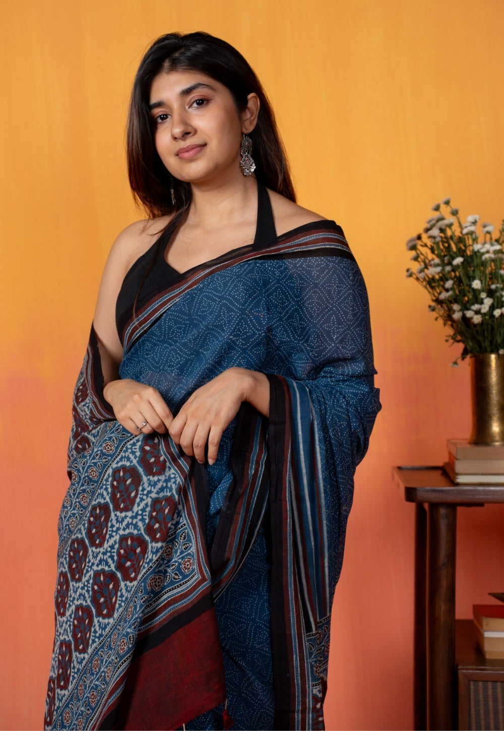 Blue Floral Ajrakh Hand Block Print Mul Saree