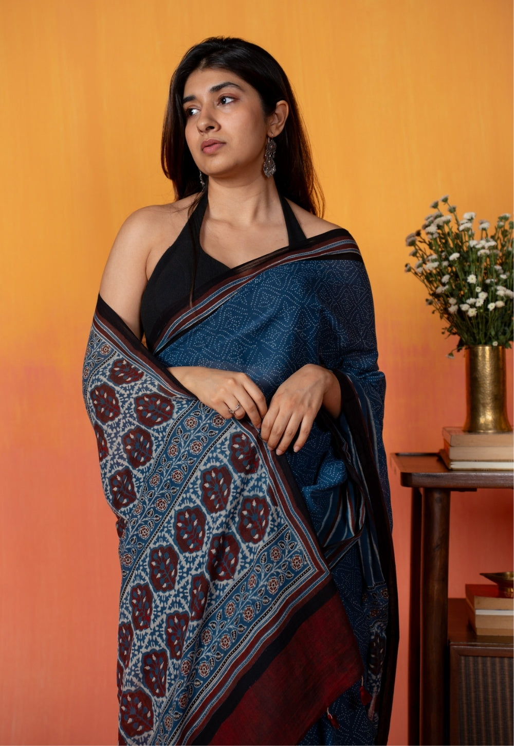Blue Floral Ajrakh Hand Block Print Mul Saree