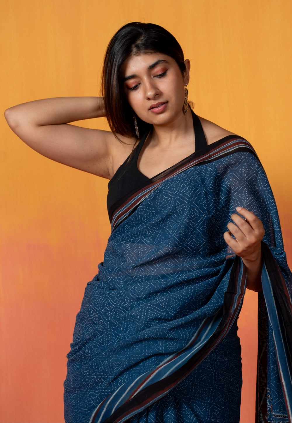 Blue Floral Ajrakh Hand Block Print Mul Saree