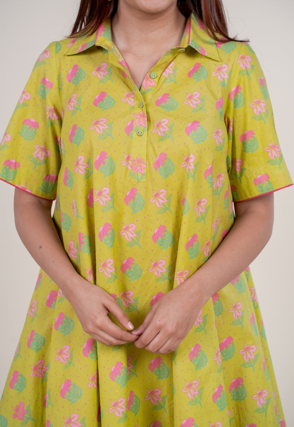 Srisha Lime Green Printed Cotton A Line Dress