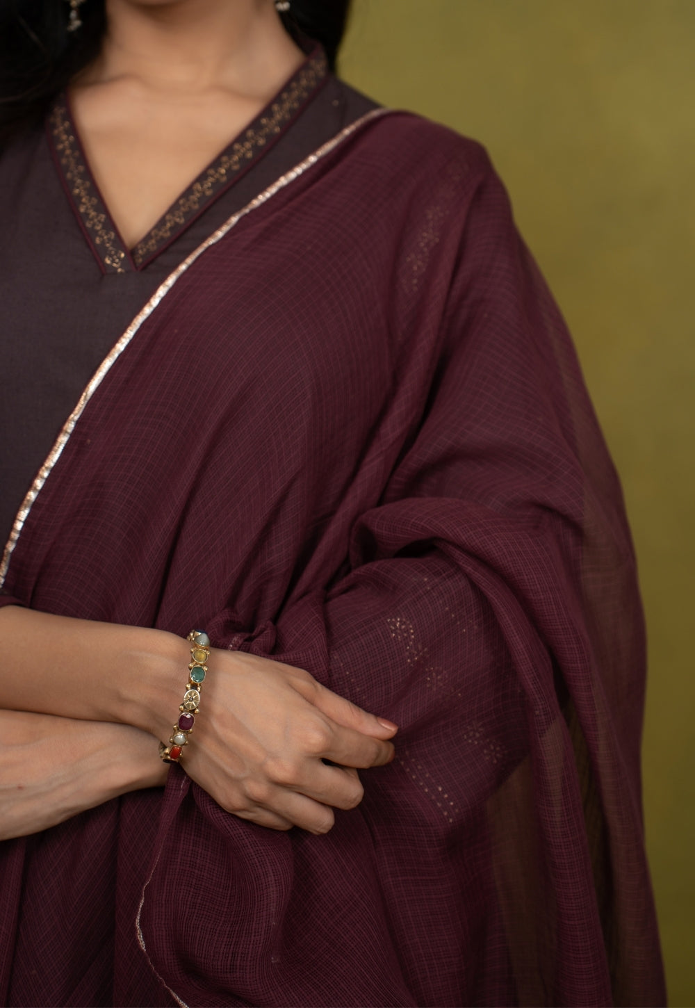 Zohra Aubergine Rogan Handblock Printed Cotton Jhabbha Kali Kurta Suit Set (Set of 3)