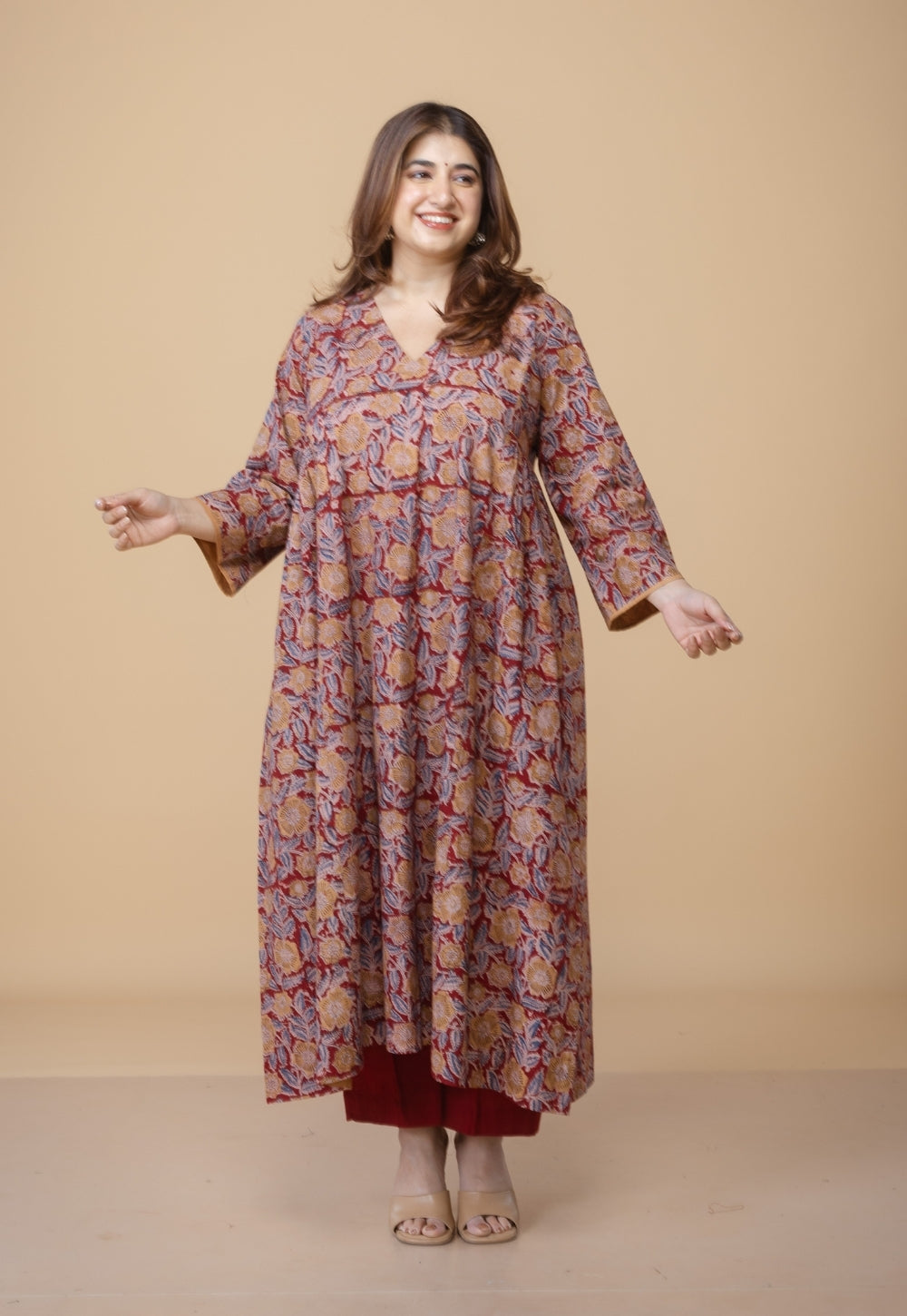 Sifra Red Kalamkari Cotton Kali Kurta