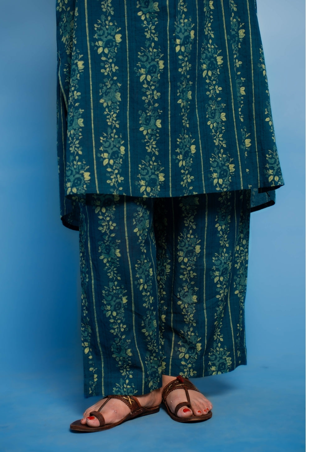 Harshi Teal Blue Dabu Mul Cotton Straight Co-Ord Set