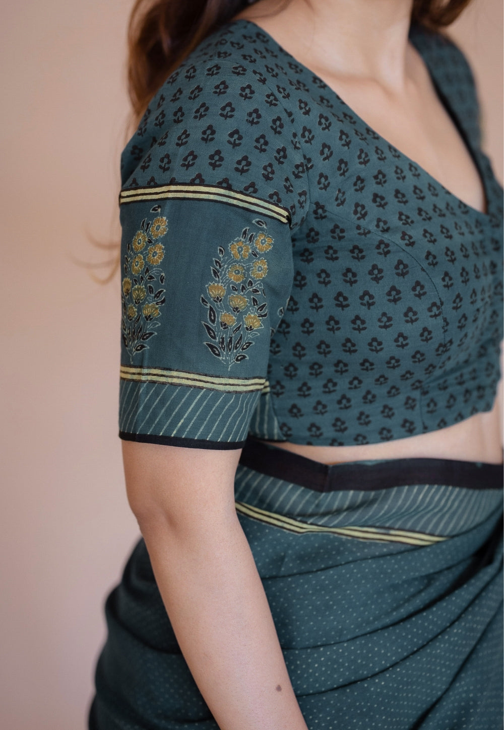 Green Floral Ajrakh Hand Block Print Mul Saree