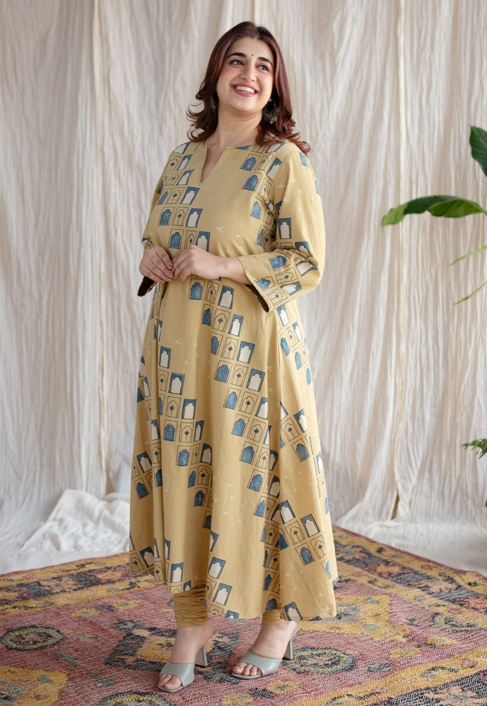 Jaipur Jharoka Ajrakh Cotton Hand Embroidered Kali Kurta
