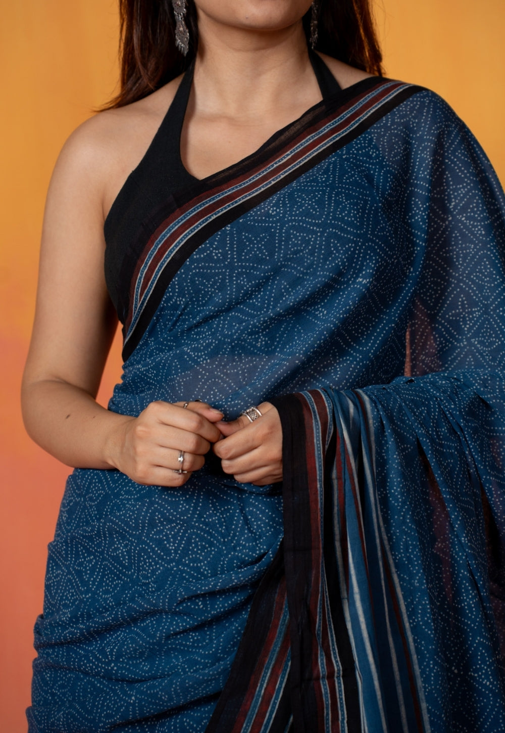 Blue Floral Ajrakh Hand Block Print Mul Saree