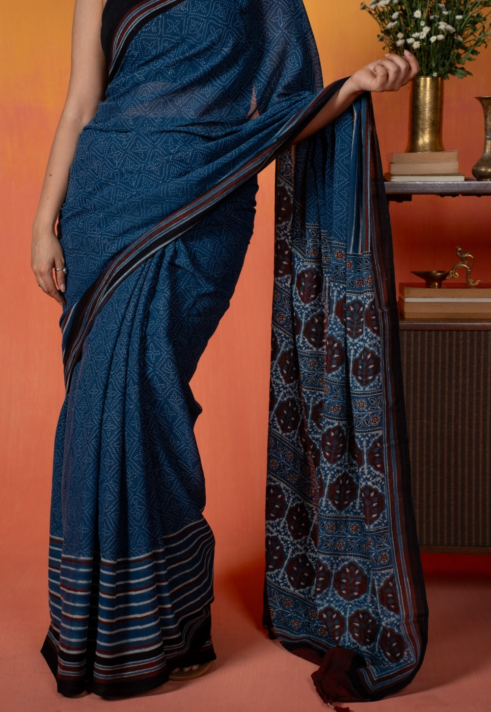 Blue Floral Ajrakh Hand Block Print Mul Saree