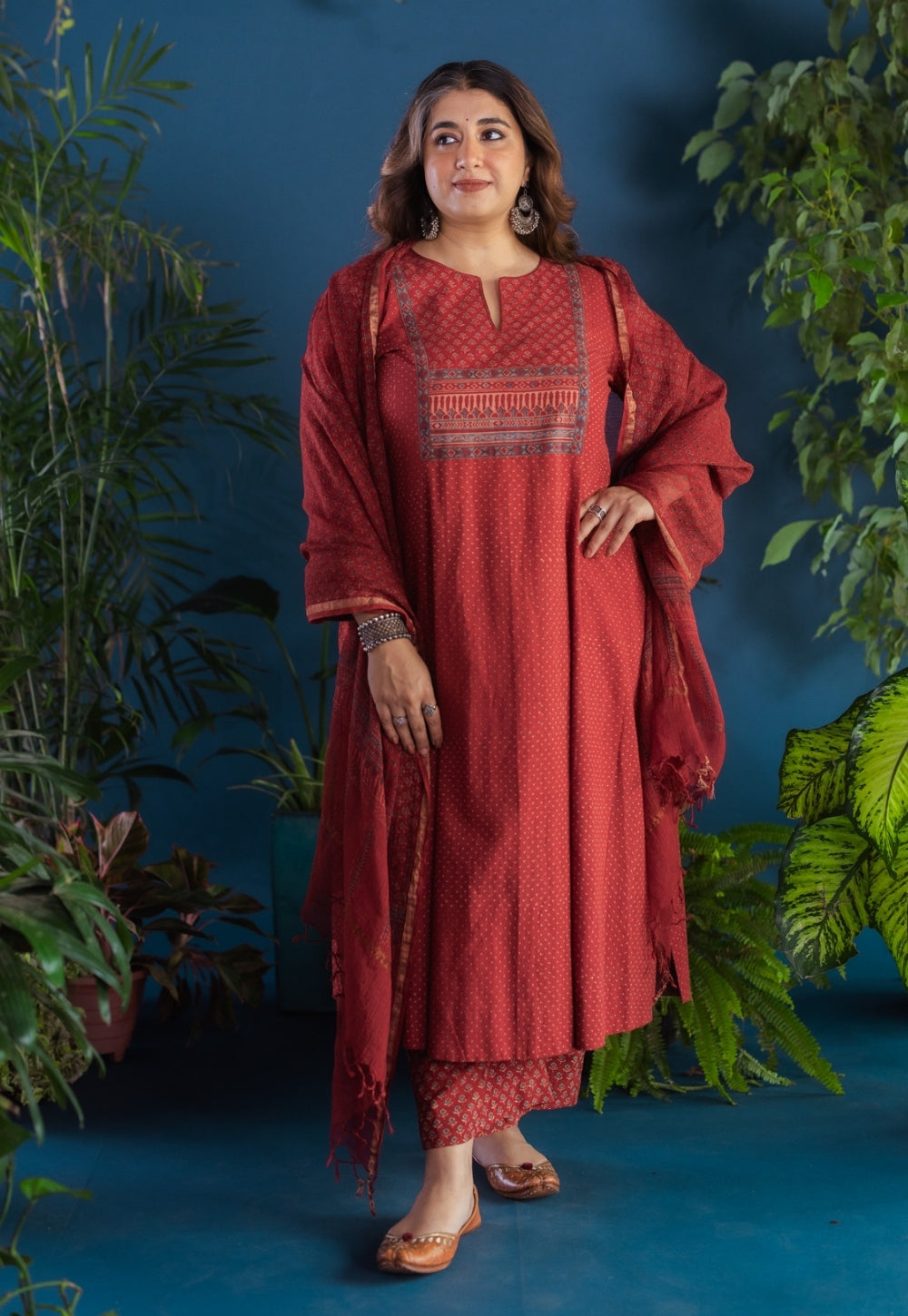 Fariha Red Ajrakh Cotton Kali Kurta with Hand Embroidery