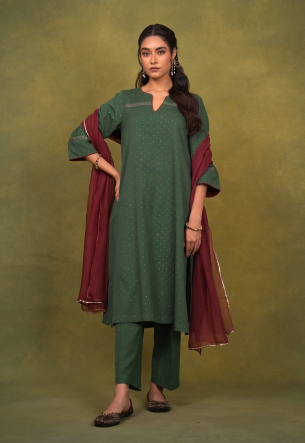 Ishira Green Rogan Handblock Printed Cotton Straight Kurta Suit Set (Set of 3)