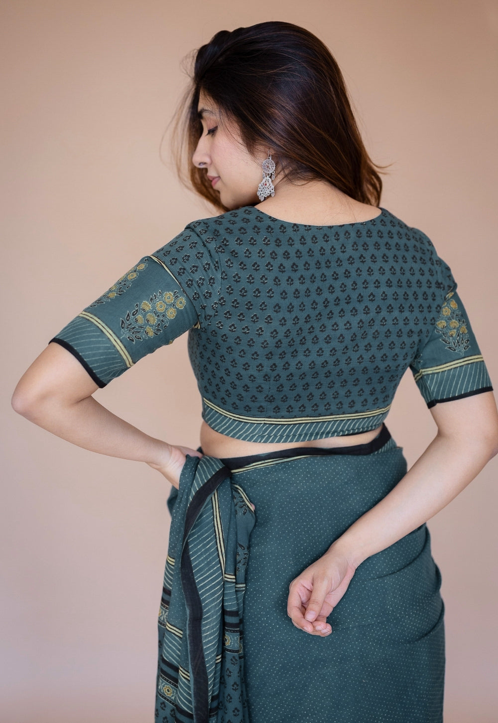 Green Floral Ajrakh Hand Block Print Mul Saree