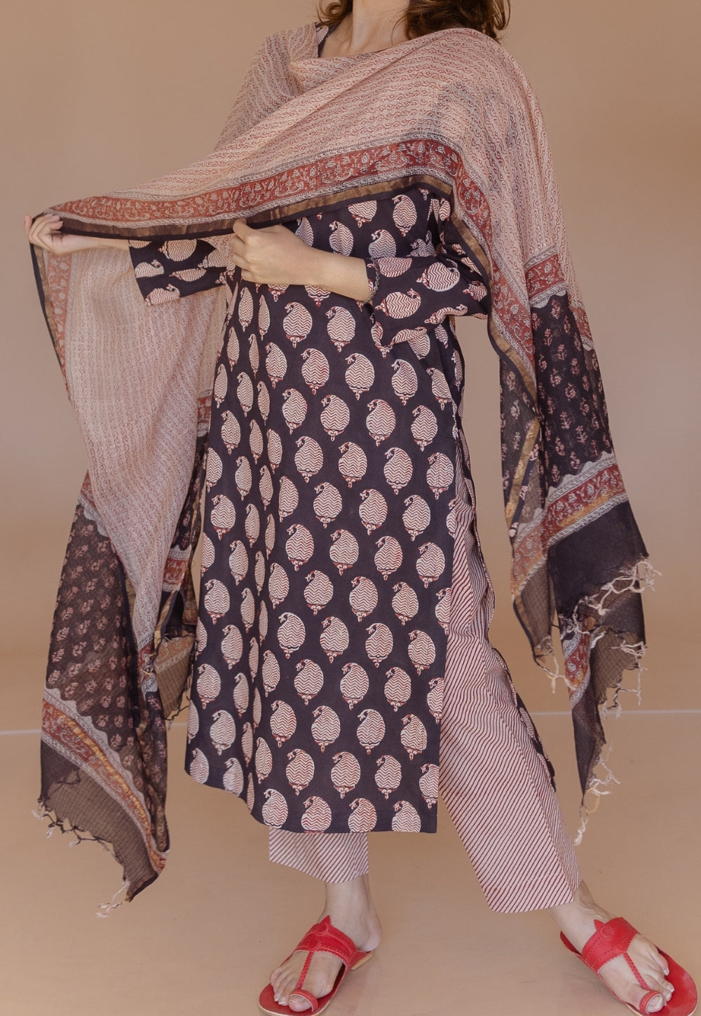 Red Bagru Kota Doria Cotton Dupatta