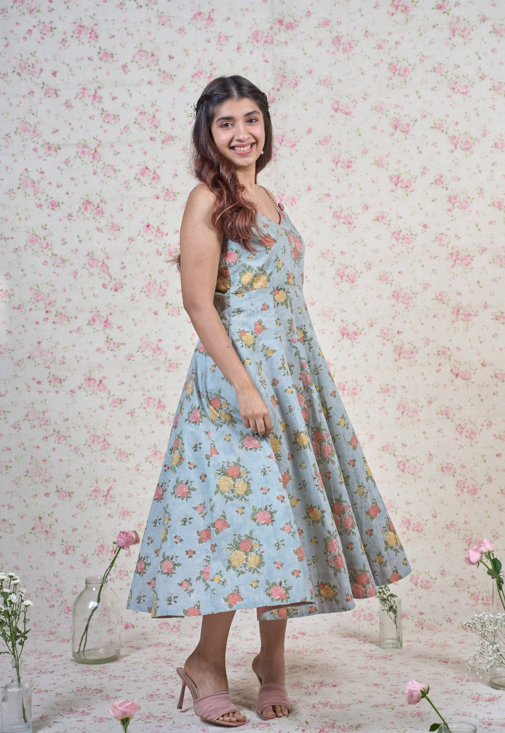Emma Blue Sanganeri Slub Cotton A Line Dress