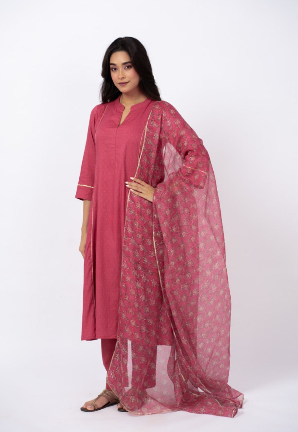 Huma Pink Solid Cotton Kali Kurta Suit Set with Printed Dupatta (Set of 3)