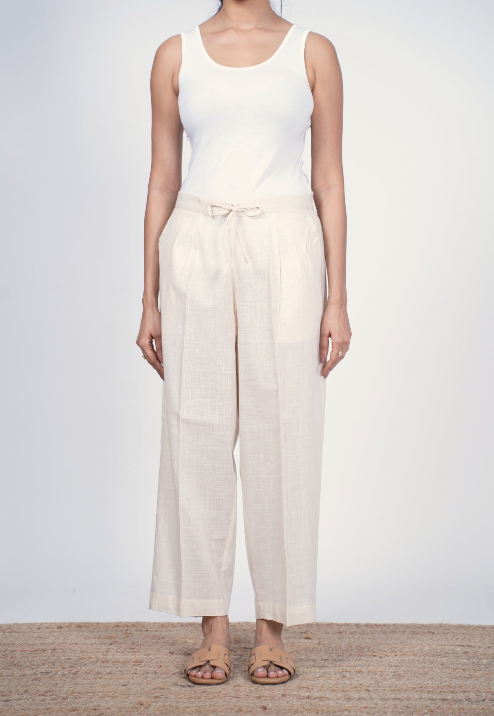 Yashi White Solid Slub Cotton Straight Pant