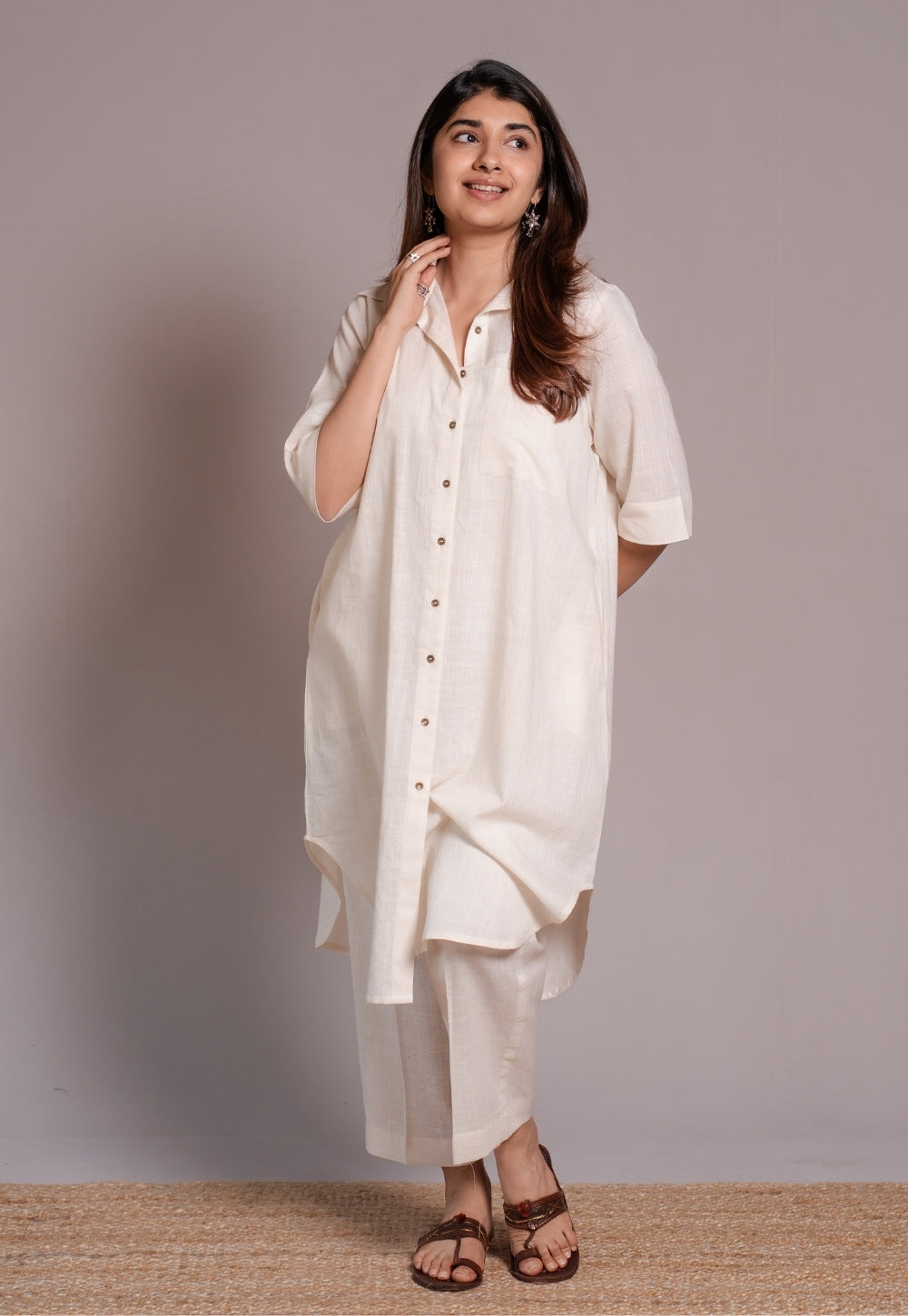 Off White Solid Slub Cotton Straight Kurta - DyeVerse