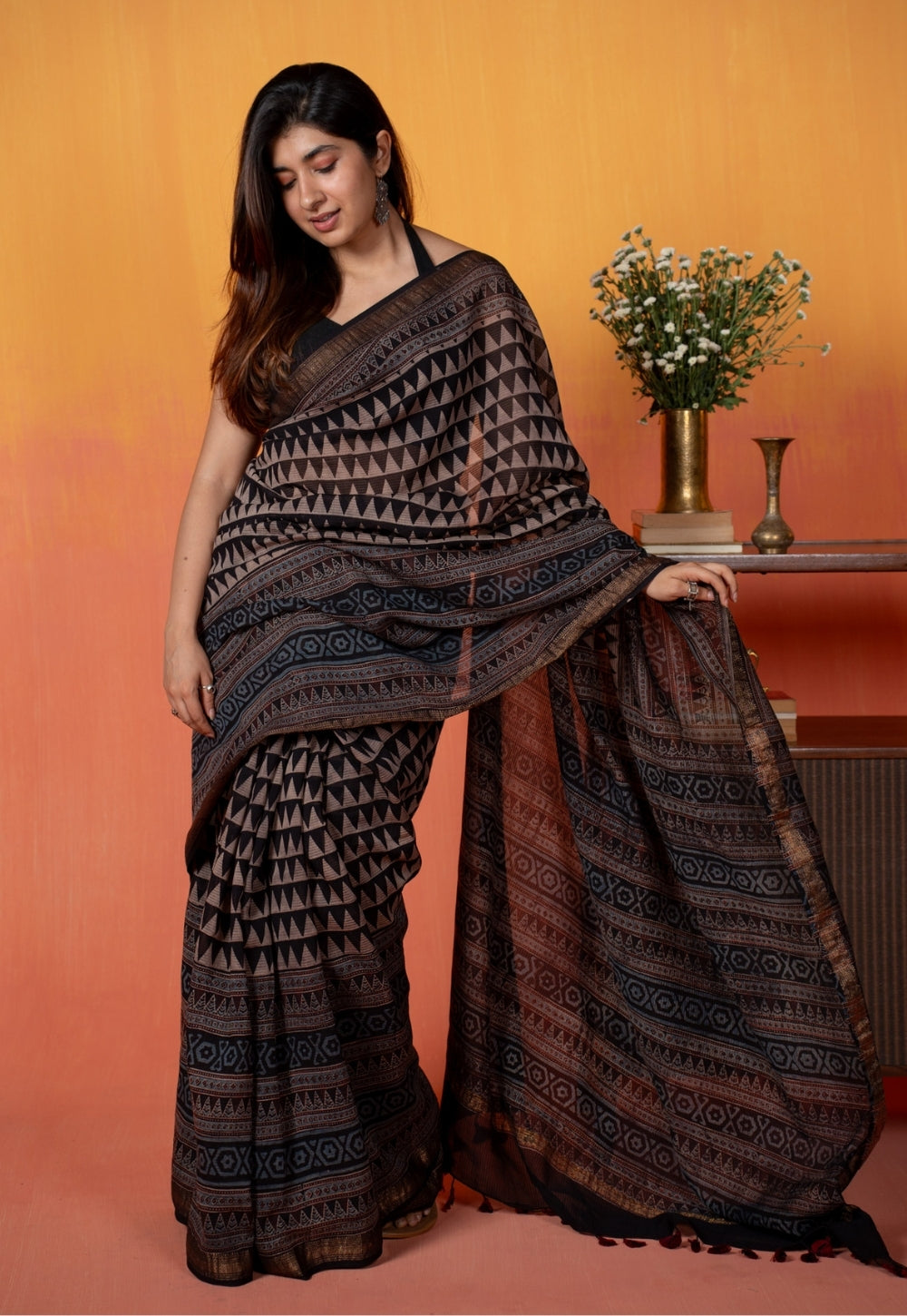 Black Tribal Ajrakh Hand Block Print Maheshwari Saree
