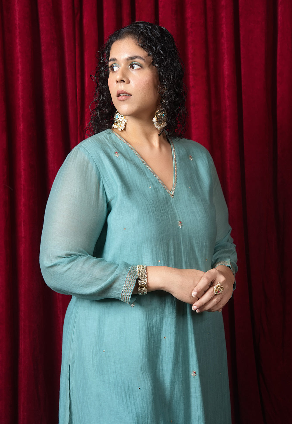 Nitara Blue Solid Chanderi Silk A Line Kurta with Hand Embroidery
