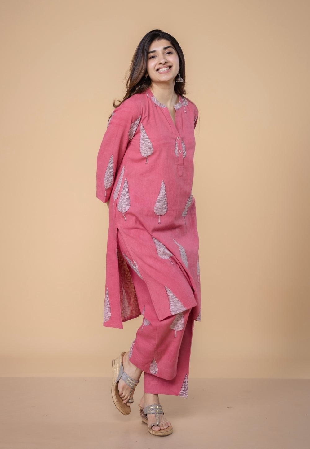 Nysa Pink Dabu Slub Cotton Straight Co-Ord Set