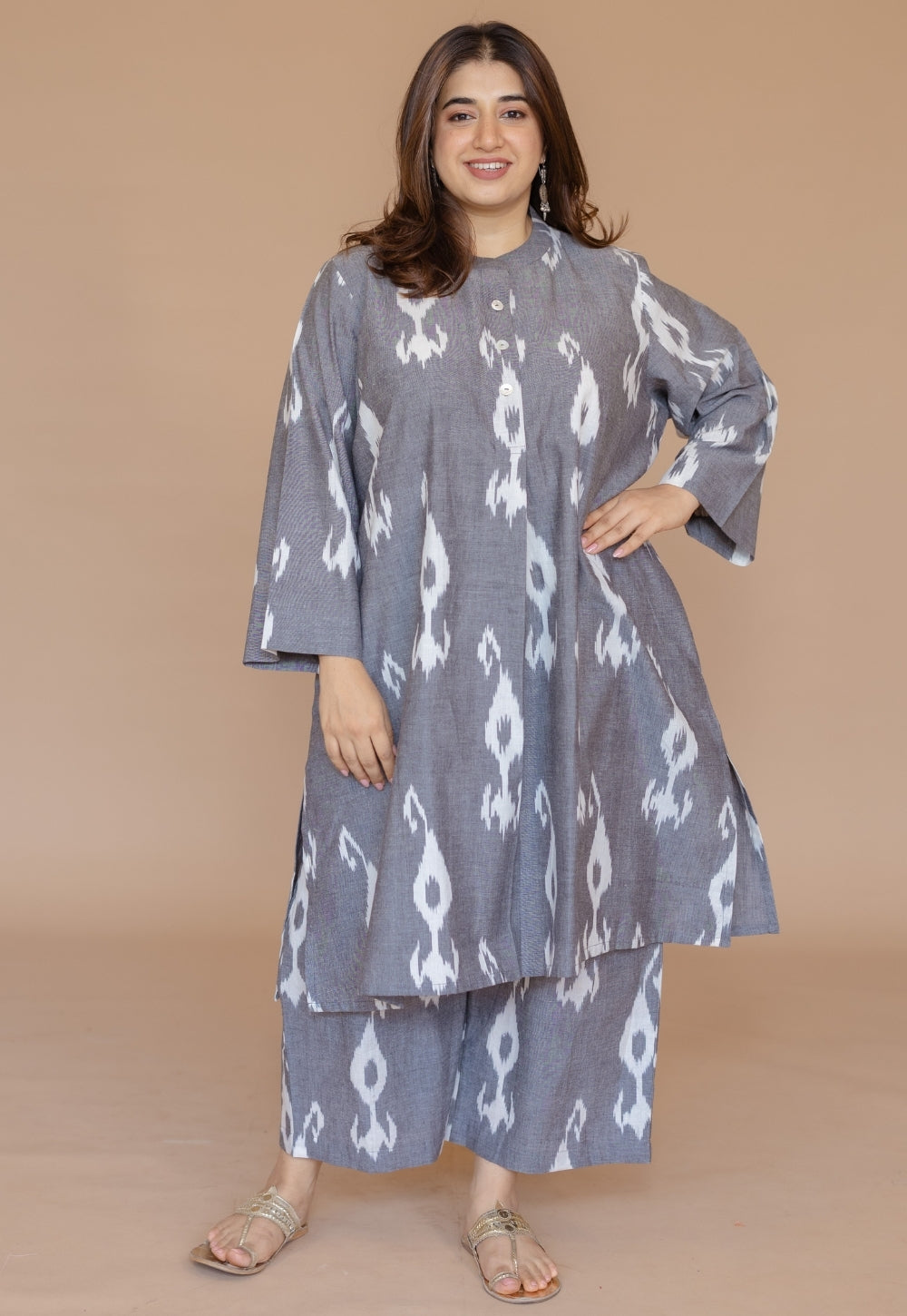 Ayaat Grey Handloom Ikkat Cotton Straight Co-Ord Set