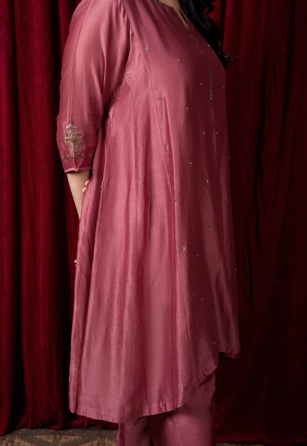 Nyra Red Solid Chanderi Silk Jhabbha Kali Kurta with Hand Embroidery