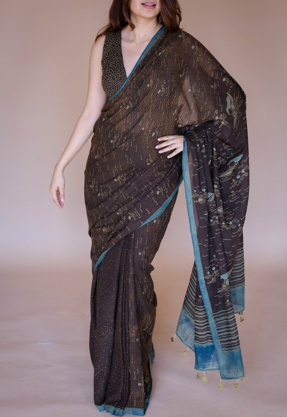 Brown Boat Ajrakh Hand Block Print Mul Saree