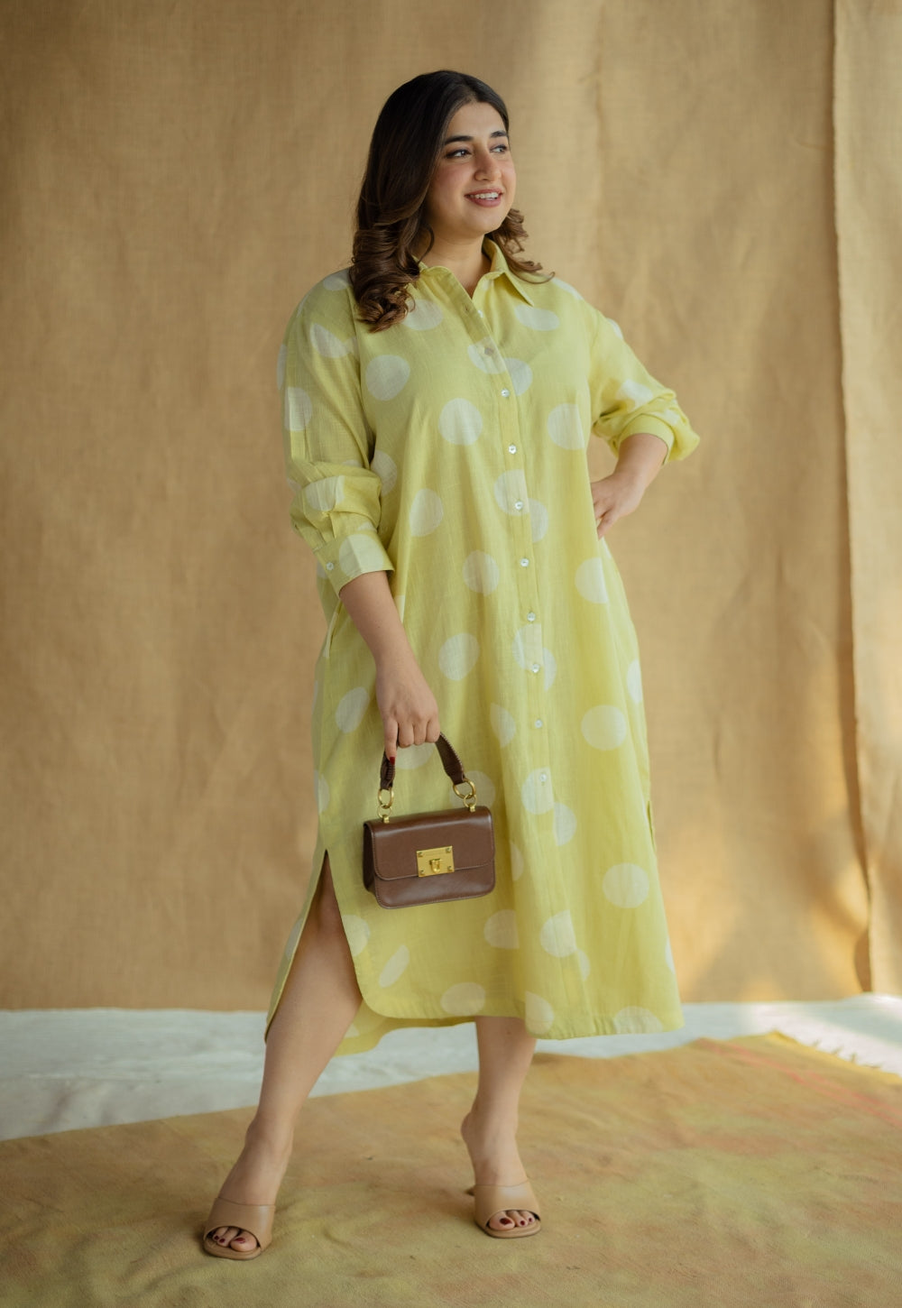 Samiyah Lime Green Hand Block Print Slub Cotton Shirt Dress