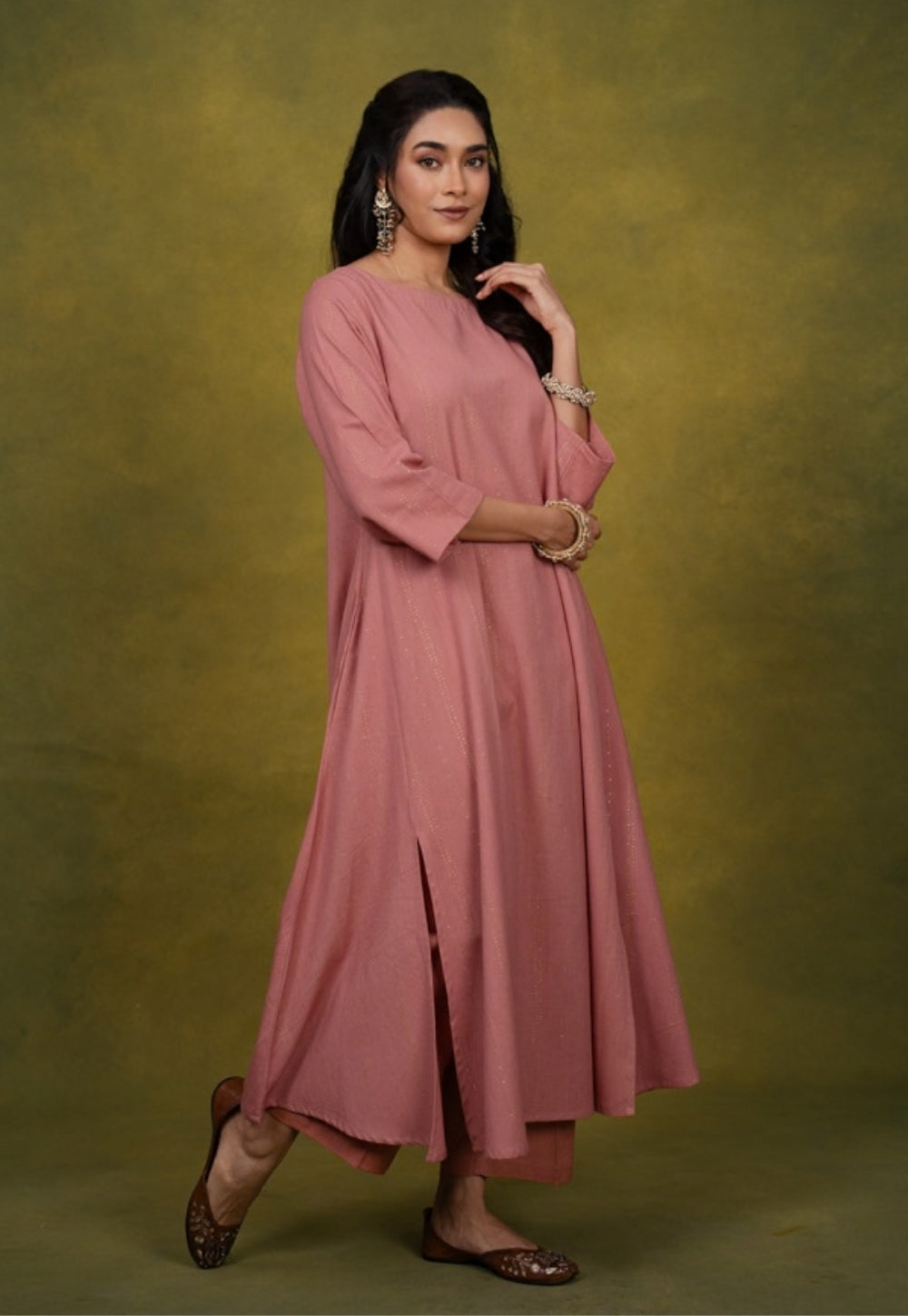Eram Pink Rogan Handblock Printed Cotton Kali Kurta Suit Set (Set of 3)