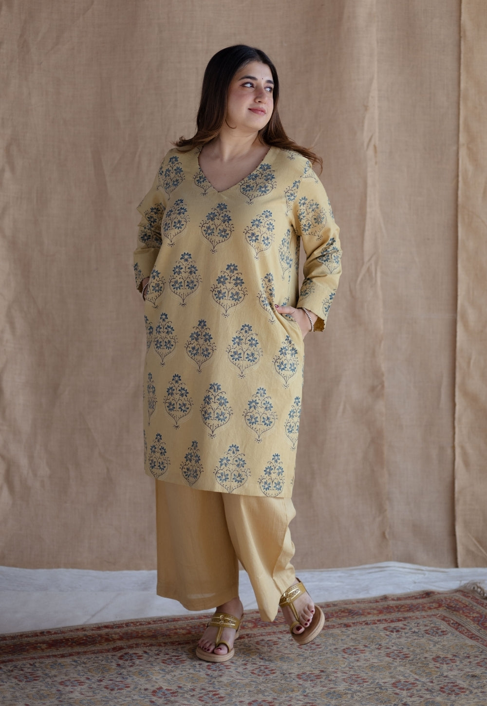 Kavya Yellow Ajrakh Cotton Straight Suit Set (Set of 3)
