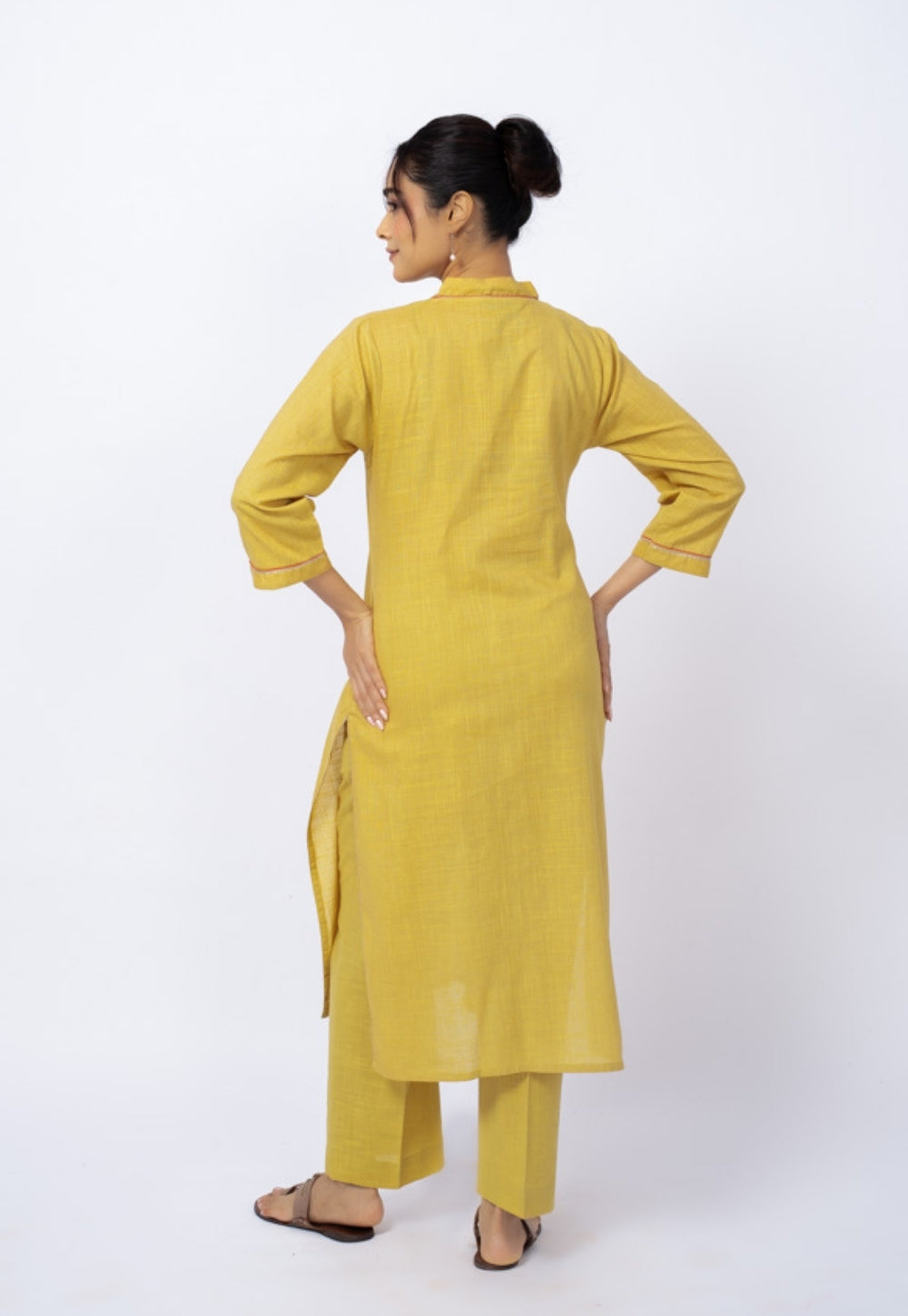 Zeenat Yellow Solid Slub Cotton Straight Kurta Suit Set with Solid Dupatta (Set of 3)