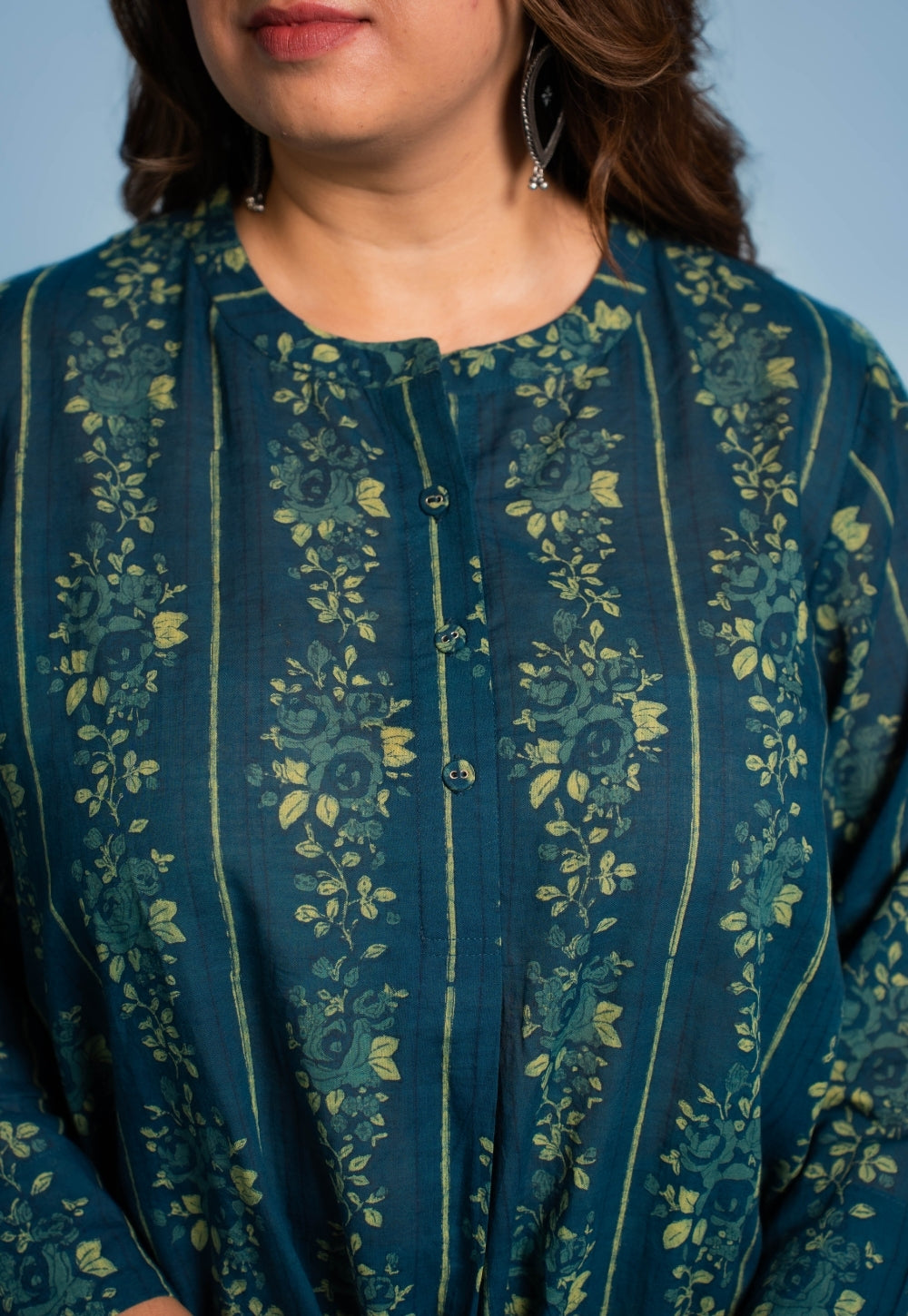 Harshi Teal Blue Dabu Mul Cotton Straight Co-Ord Set