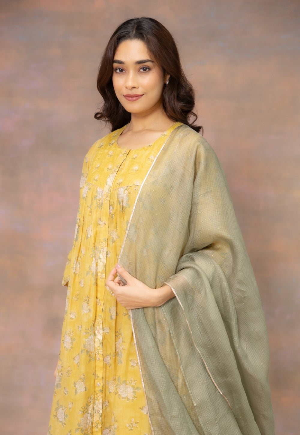 Rosa Yellow Sanganeri Chanderi Silk A Line Kurta with Hand Embroidery and Slip