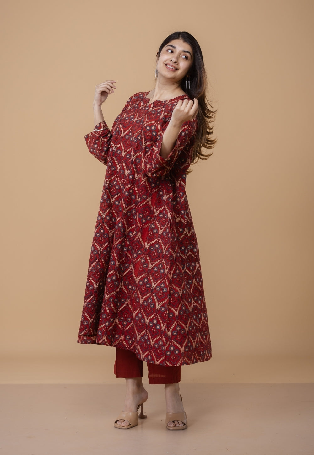 Nyra Red Ajrakh Cotton Jhabbha Kali Kurta